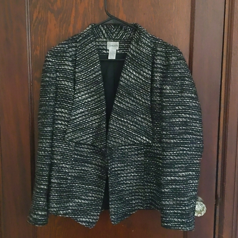 Chico's Black, Gray & White Long Sleeve Open Business Blazer Size Medium